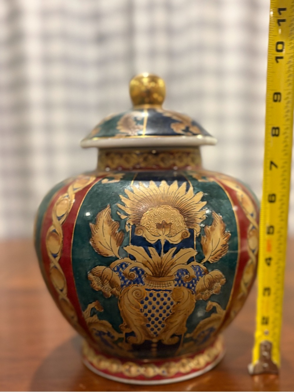Vintage Green, Red and Gold Lidded Ginger Jar 1970
